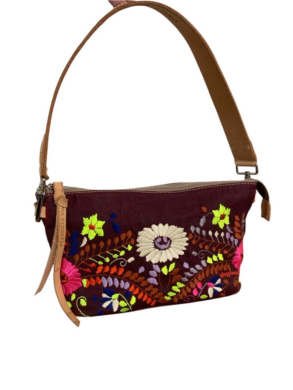 Consuela Vibrant Floral Embroidered Canvas Bag Purse With Leather Strap